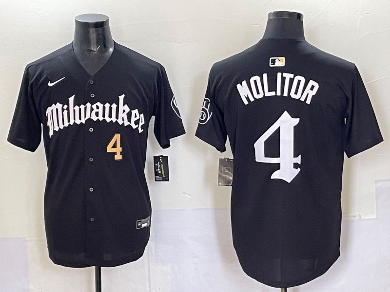 Men 2025 Milwaukee Brewers #4 Molitor Black Five generations Joint Name Nike MLB Jersey style 3
